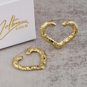 10k Gold Textured Bamboo Heart Hoop Earrings for Women Girl Her - Classic Chic Jewelry Gift, Stylish Statement Hoops, Elegant Heart Design