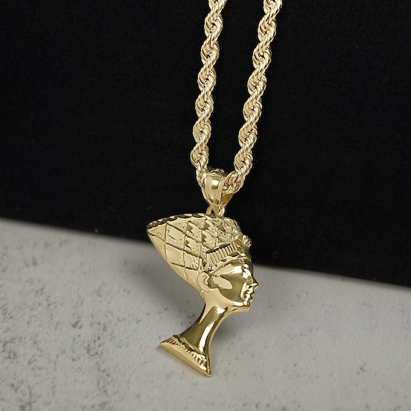10k Solid Gold Queen Nefertiti Egypt Pendant Charm Necklace for Men Women - Ancient Symbol of Power and Beauty Jewelry Gift for Him Her