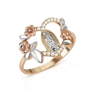 10k & 14k Solid Gold Virgin Mary Guadalupe Heart Rose Gold CZ Tricolor Dainty Ring for Women Girl / Beautiful Religious Jewelry Gift for Her
