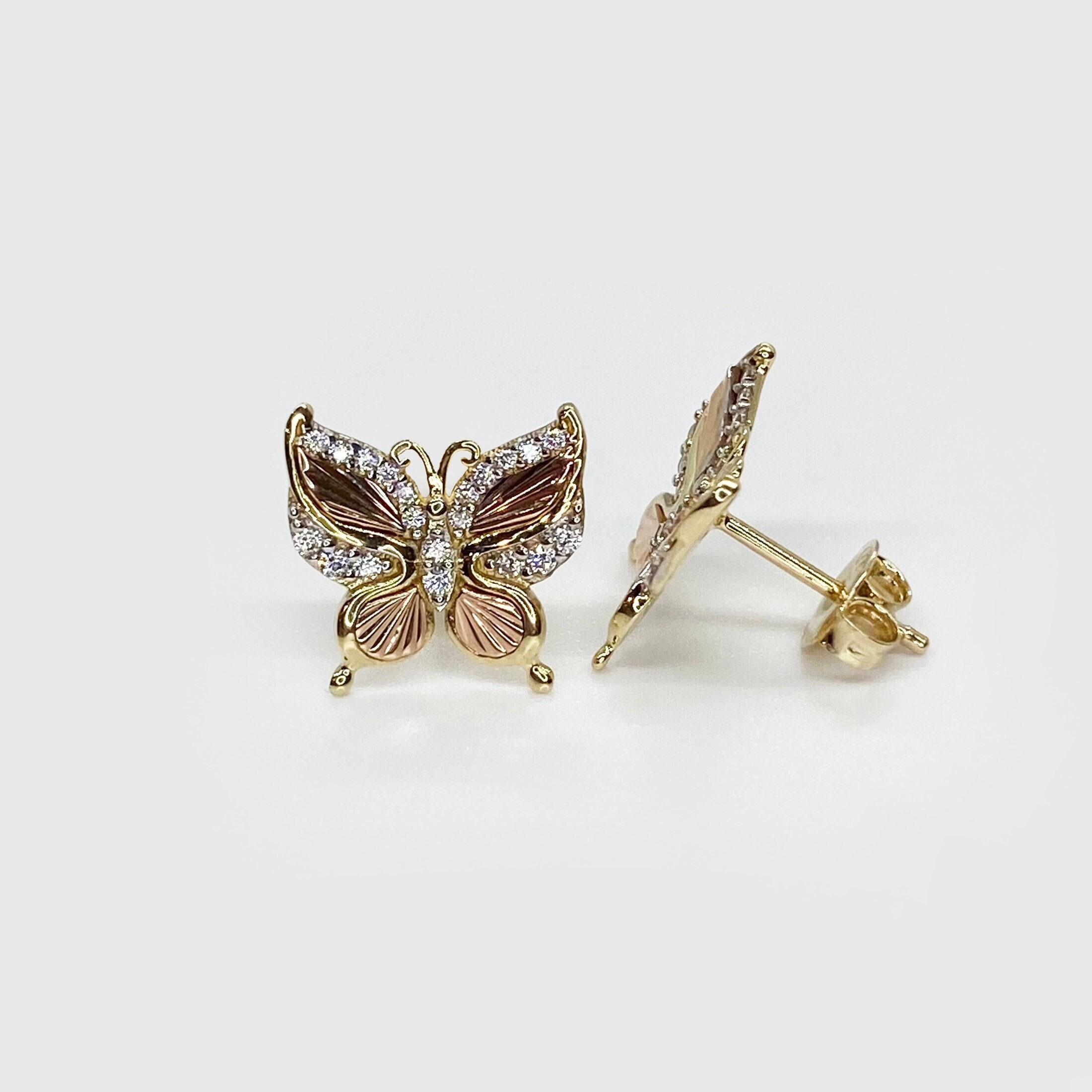 [LLOYD] 14K☆Butterfly Earrings 14k Gold Butterfly Stud Earrings Tri-color CZ Unique Design