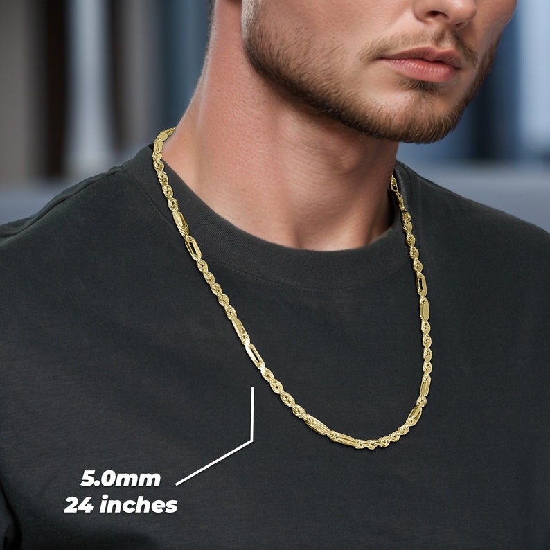 A 10k Gold Classic Milano Rope Chain Link Necklace. The necklace is solid, 5.0mm wide, and 24 inches long, suitable for both men and women. The man is wearing an active shirt and is showcasing the necklace around his neck.