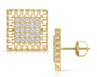 May include: Gold square earrings with a grid design and a center filled with small round diamonds.