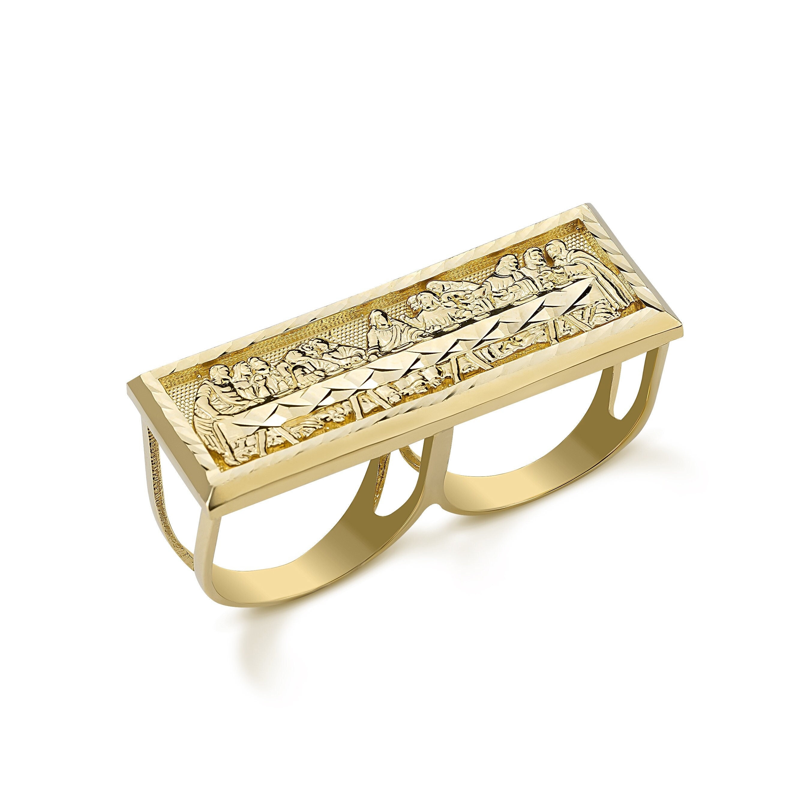 10k Gold Classic Last Supper Two Double Finger Rectangle Diamond Cut Ring, Unique Religious Jewelry, Statement Piece for Boy Him Men Women