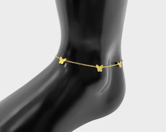 10k Solid Gold Classic Butterfly Charm Link Chain Dainty Lightweight Anklets