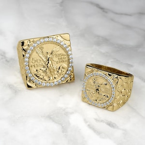 10k & 14k Solid Gold Centenario 50 Pesos Mexican Coin Square Nugget CZ Band Ring for Men Women Unique Gift Jewelry for Him Her