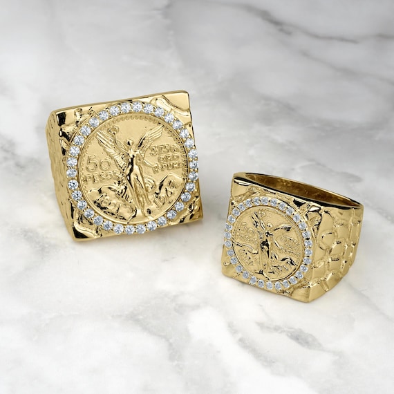 アクセサリー Mexican Jewelry Square Signet ring 10k & 14k Solid Gold Centenario 50 Pesos Mexican Coin Square