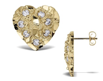 May include: Gold heart-shaped earrings with clear cubic zirconia stones. The earrings have a textured finish and a post back.