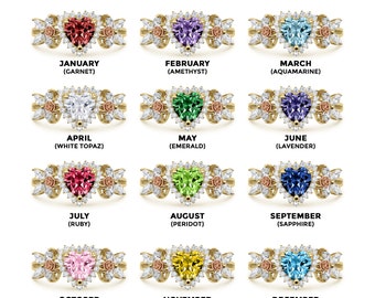 14k Solid Gold 12 Months Birthstone Heart and Rose Two-Tone Ring Personalized Birthstone Ring for Girl Women Ideal Gift for Her