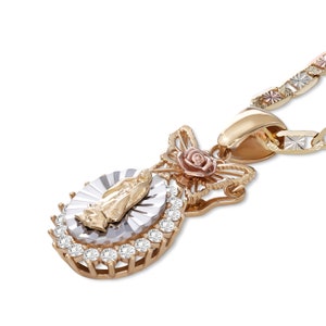 14k Solid Gold Guadalupe Virgin Mary Rose CZ Round Pendant Charm Chain ...
