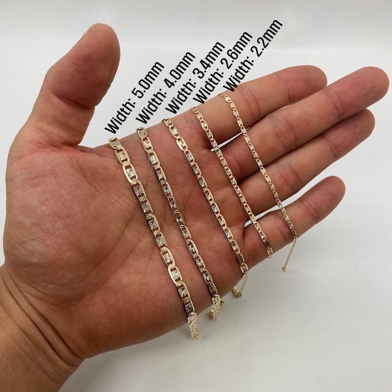 Elevate your look with this 10k & 14k Solid Gold Tri-Colored Slim Valentino Link Bracelet Anklet for Women/Girl. Available in widths of 5.0mm, 4.0mm, 3.4mm, 6mm, and 2.2mm. Perfect for any occasion!