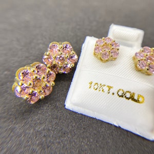 10k Solid Gold Pink Hexagon Flower CZ Stud Earrings Screw Push Back Closure Elegant Unisex Design for Men & Women Unique Jewelry Gift