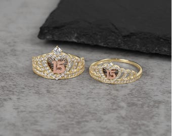 10k & 14k Solid Gold Quinceanera 15th Birthday Crown CZ Two Tone Ring for Women/Girls - Stunning 15th Birthday Jewelry Gift for Her