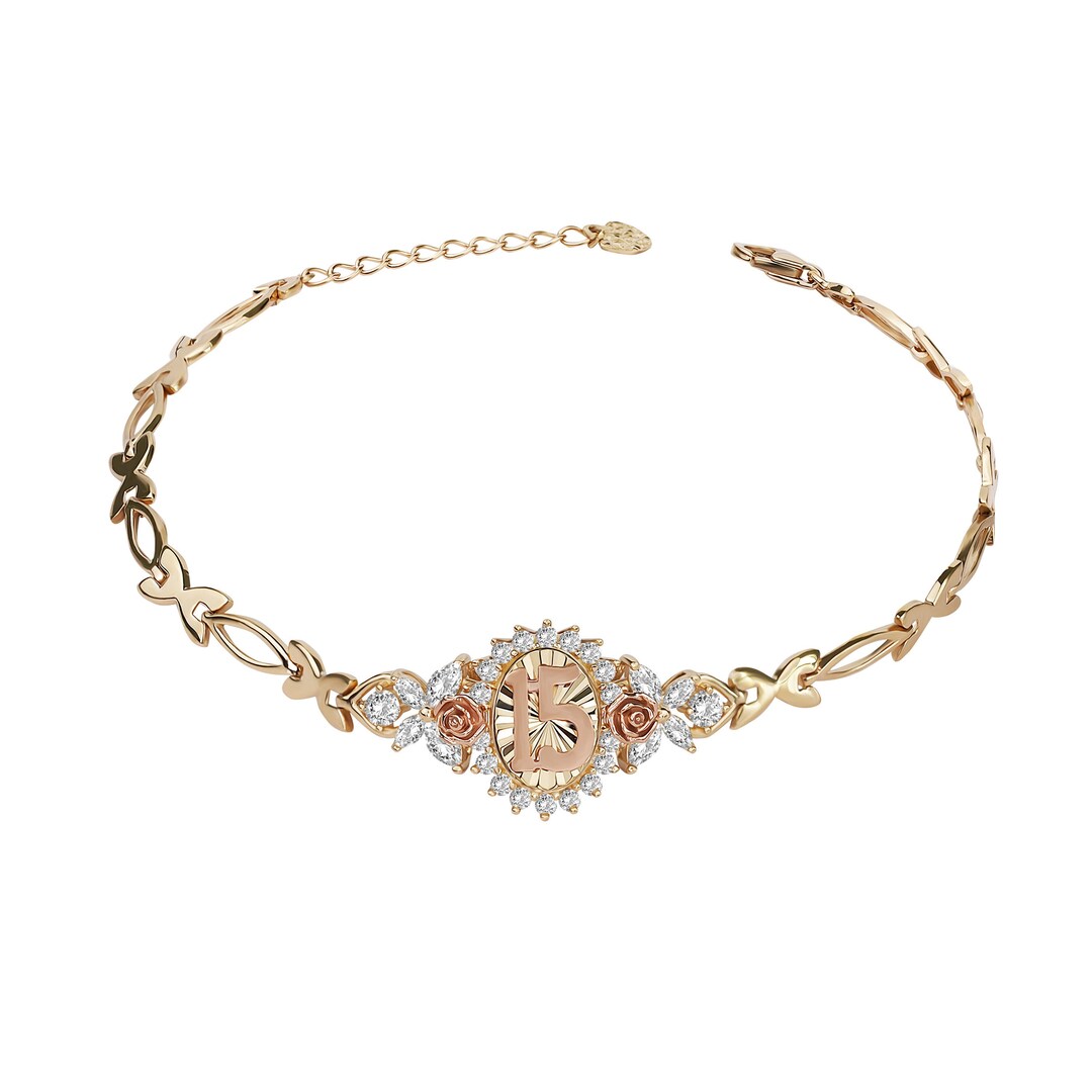 14k Gold Quinceanera Bracelet - Oval 15 Años Gemstone Flowers - 7mm Oval Flower Link Chain