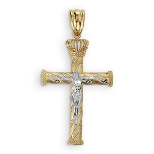 10k & 14k Gold Cross Two-Tone Jesus Crucifix Greek Key Crown Cross Pendant Necklace Catholic Religious Charm Gift for Boy Girl Men Women