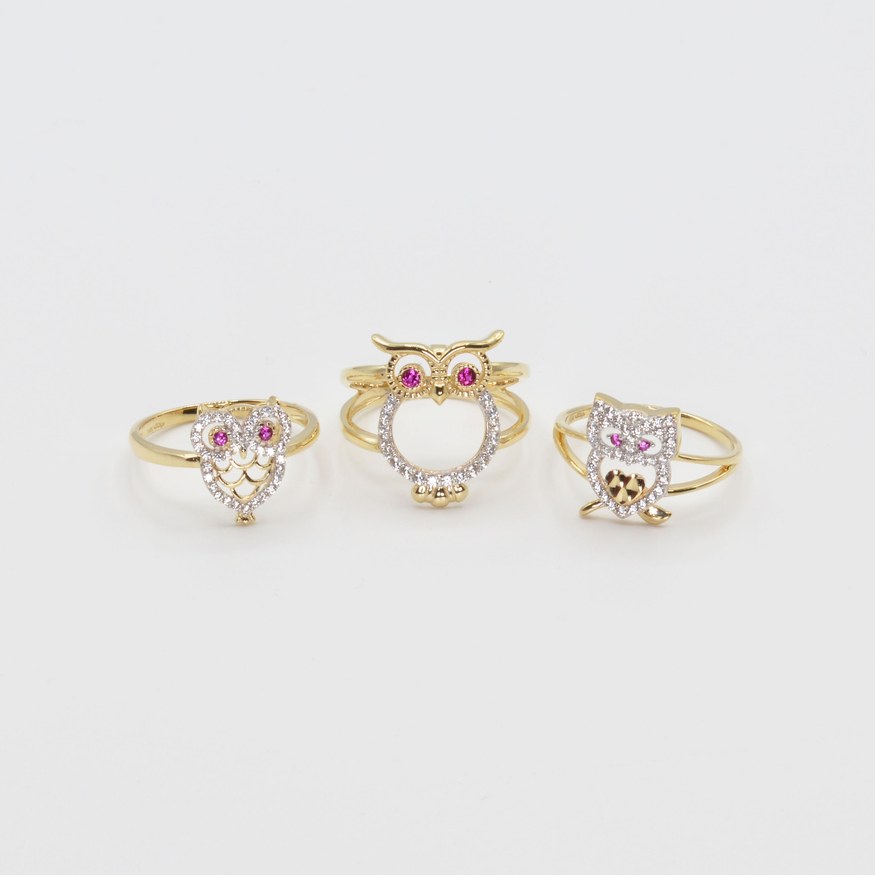 14k Solid Gold Owl Ring with CZ Accents, Cute Animal Statement Ring for Women Girls Her / Unique Fas
