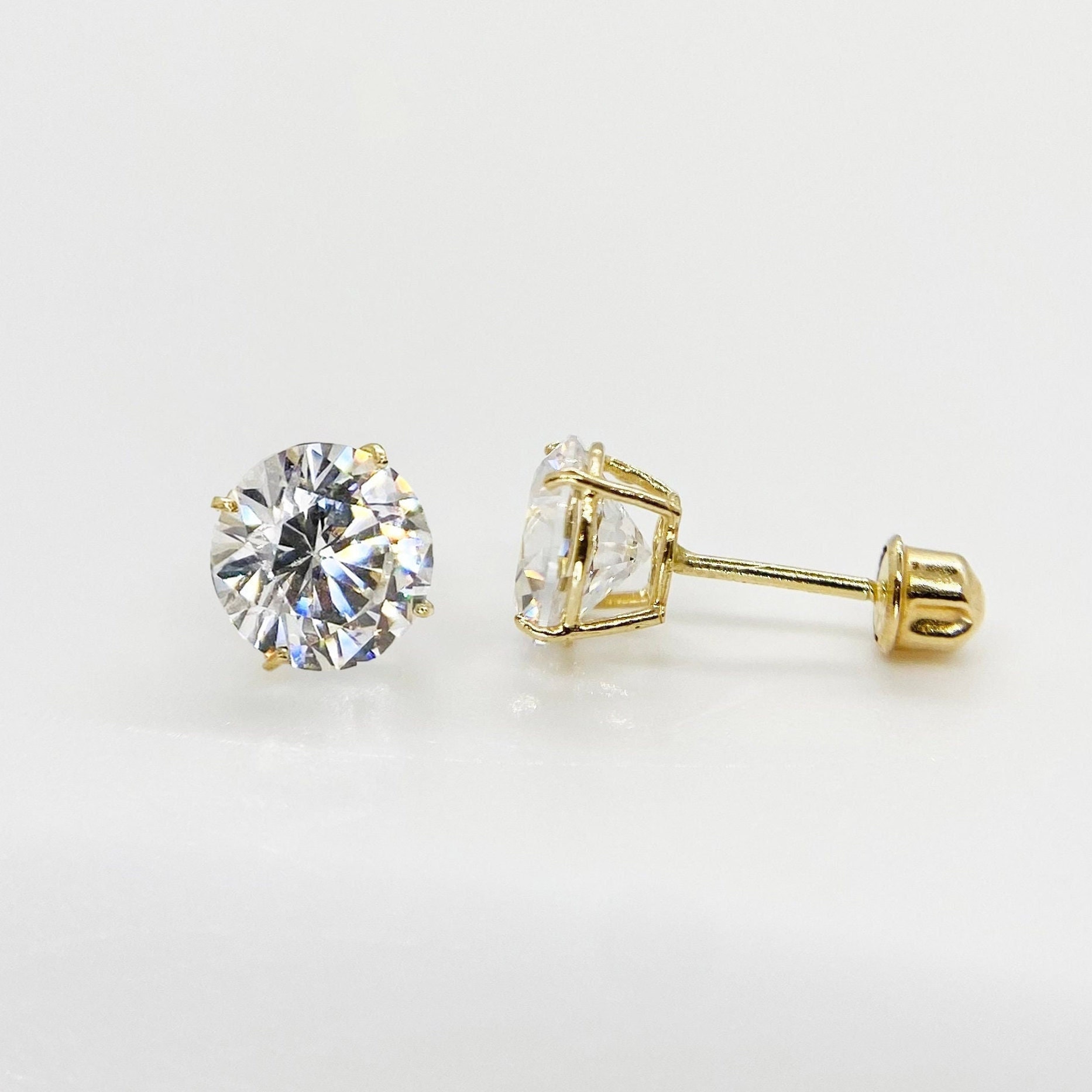14k Solid Gold Round Circle Screw Back Stud Earrings with Cubic Zirconia Classic Simple Design for Men Women Him Her Timeless Jewelry Gift