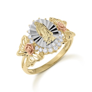 10k & 14k Solid Gold Guadalupe Virgin Mary Butterfly Ring / Rose Gold CZ Tricolor Religious Jewelry Gift for Women Girls and Her