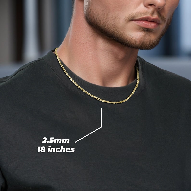 A 10k Gold Classic Milano Rope Chain Link Necklace. The necklace is solid, 2.5mm wide, and 18 inches long, suitable for both men and women. The man is wearing an active shirt and is showcasing the necklace around his neck.