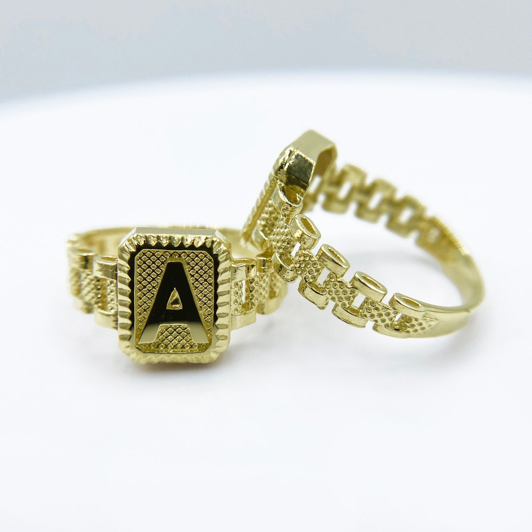 10k Solid Gold Square Initial Letter Alphabet Ring With Rollie Band for ...