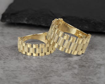 10k Solid Gold Rollie Vintage Band Ring - Textured Presidential Style, Unisex Gold Ring for Men Women, Classic & Durable Jewelry for Her Him