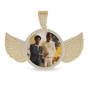 10K & 14K Solid Gold Custom Picture Photo Angel Wing Round Charm CZ Pendant Necklace Personalized Gift for Men Women Her Him Memory Keepsake