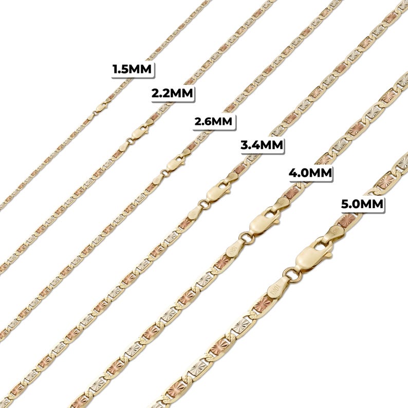 May include: A set of six gold chains with different widths, ranging from 1.5mm to 5.0mm. The chains are made of three-tone gold, with yellow, white, and rose gold sections.