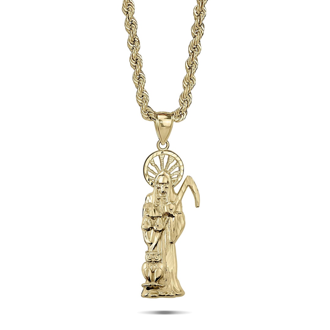 Solid 10k Gold Santa Muerte (Grim Reaper) Pendant With 4 Natural Diamonds In Round Frame