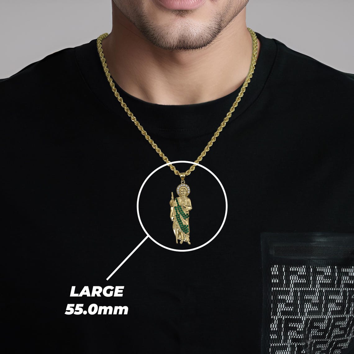 10k & 14k Solid Gold Saint Jude San Judas Green CZ Charm Pendant Chain ...