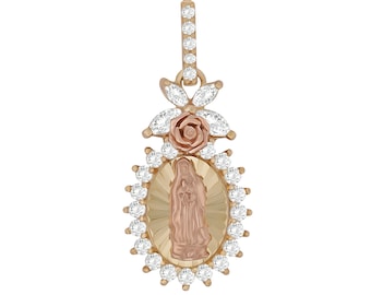 10k & 14k Solid Gold Virgin Mary Guadalupe Rose Round CZ Pendant Necklace - Beautiful Gift for Women and Girls, Religious Charm Jewelry