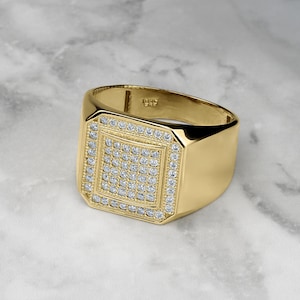 10k & 14k Solid Gold Quadrat Runde CZ Iced Vintage Siegelring für Jungen Männer Klassisches Geschenk Statement Schmuck Einzigartiges Quadrat Perfekt für Ihn