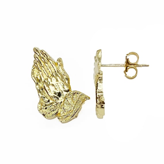 10K Solid Yellow Two Tone Diamond Cut Gold Praying Hands  10kt Yellow Gold Diamond Praying Hands Stud Earrings display picture 1