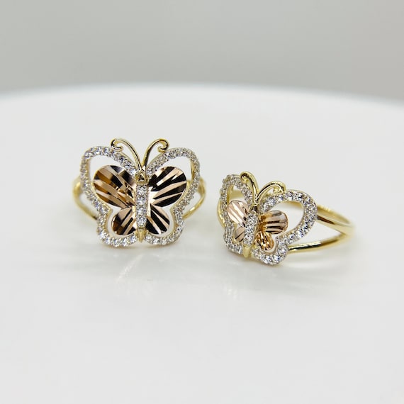 10k & 14k Solid Gold Butterfly Ring Tri-color Rose White CZ