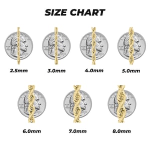A size chart for 10k gold classic Milano rope chains. Each chain is superimposed on a quarter for size comparison, ranging from 2.5mm to 8.0mm in width. The chart offers a visual guide to the relative thickness of each chain aiding in size selection.