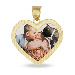10k Solid Gold Personalized Picture Photo Memory Heart Charm Pendant Necklace, Custom DC Framed Keepsake Jewelry Gift for Men Women Dad Mom