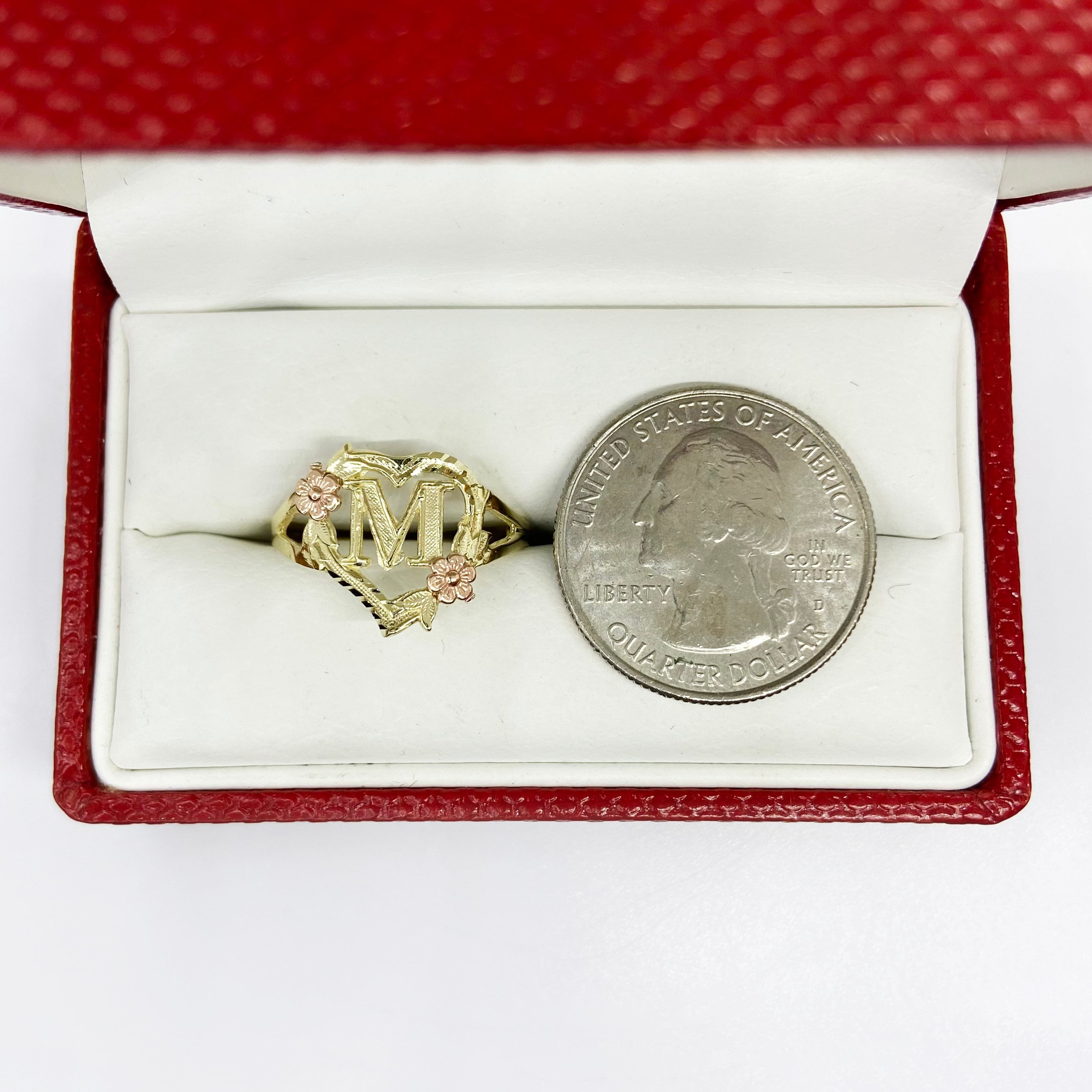 10k & 14k Solid Gold Heart With Rose Initial Ring - Personalize