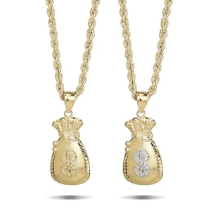 Collana con ciondolo a forma di borsa porta soldi in oro massiccio 10k per ragazzo/uomo / Gioiello portafortuna con simbolo del dollaro, regalo per lui, collana con ciondolo in oro alla moda