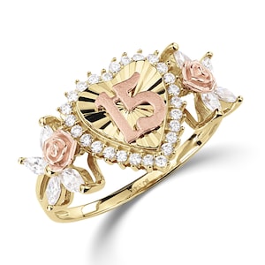 10k & 14k Solid Gold Quinceanera 15 Geburtstag Ring mit Rose Herz CZ Elegantes Geschenk für Frauen und Mädchen / Zeitloser Schmuck für Sie