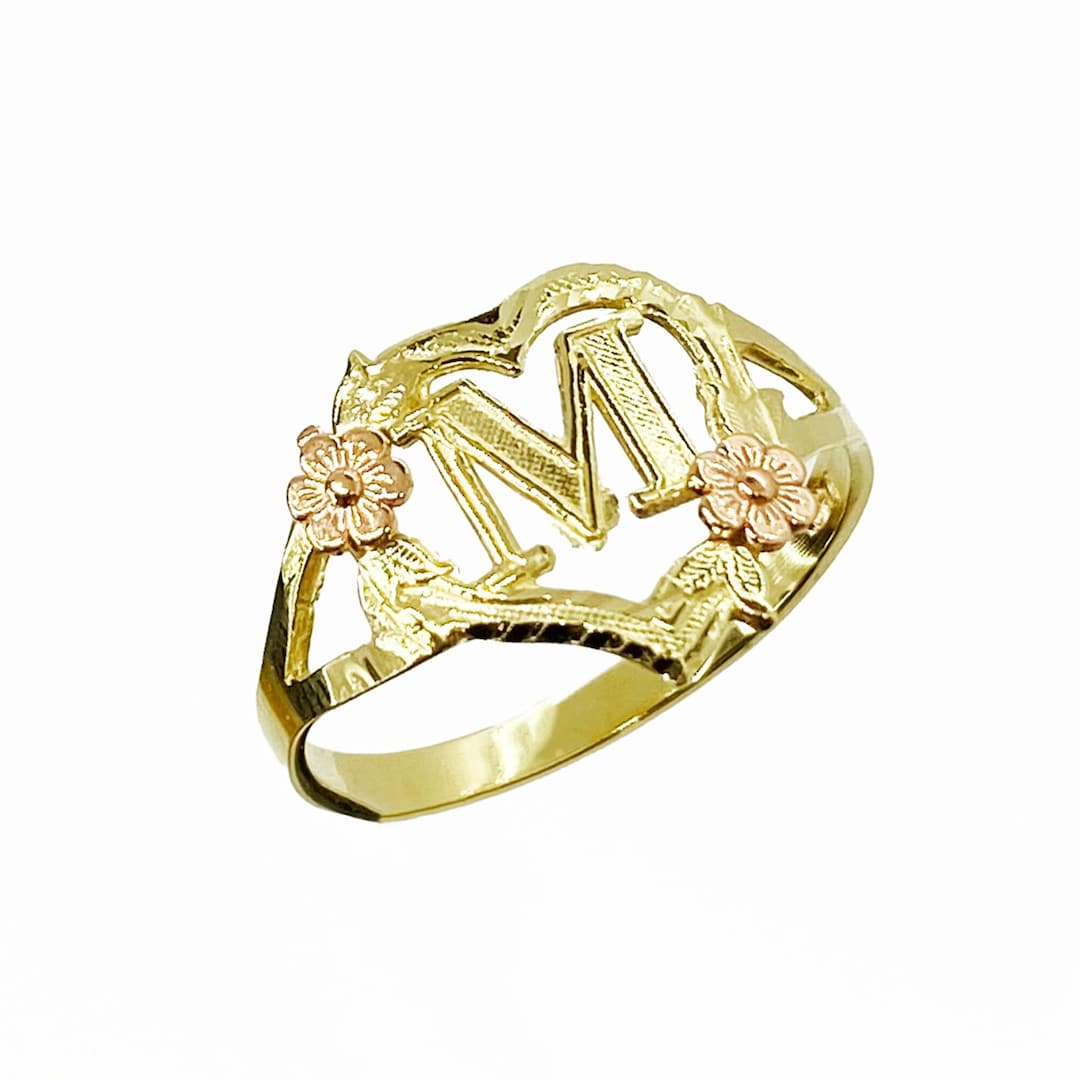 10k & 14k Solid Gold Heart With Rose Initial Ring - Personalize Letter ...