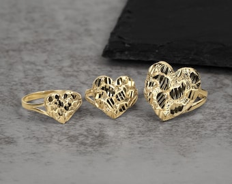 10k & 14k Solid Gold Vintage Nugget Diamond cut Heart Love Ring Gift for Women/Girl Elegant Fine Jewelry Gift for Her