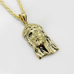 10k Solid Gold Jesus Face Pendant Necklace Religious Charm for Boy Men Girl Women Faith-Inspired Jewelry Christian Gift Idea for Her Him