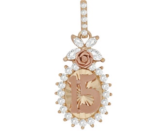 10k & 14k Solid Gold Quinceanera 15th Birthday Rose Round CZ Pendant Charm Chain Necklace Gift for Women Girls Beautiful Jewelry for Her
