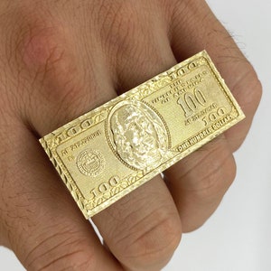 10k Solid Gold 100 Hundred Benjamin Dollar Bill Money Two Double Finger Ring