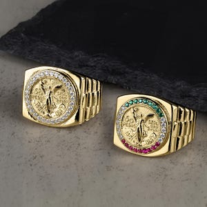 10k & 14k Solid Gold Centenario 50 Pesos Mexican Coin Square Rlx CZ Band Ring for Men Women Unique Gift Jewelry for Him Her