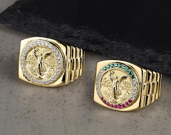 Anello con moneta messicana Centenario in oro 10k/14k: fascia con accenti in zirconia cubica