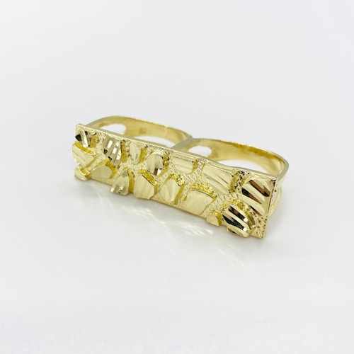 10k Solid Gold Nugget Classic Simple Double Finger Ring for Men