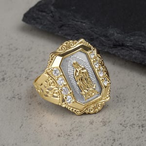 10k & 14k Solid Gold Virgin Mary Guadalupe Virgencita Ring Rectangular CZ Vintage for Men Women / Unique Statement Jewelry for Him Her