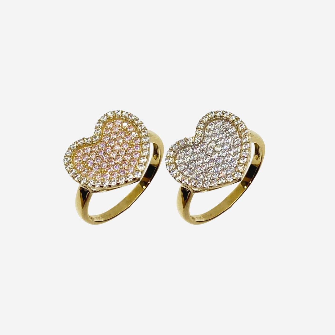 Precious 10k Yellow Gold Promise Ring - Pink CZ Heart & White Topaz Side Stones