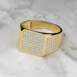 10k & 14k Solid Gold Vintage Quadrat Rund CZ Iced Siegelring Geschenk für Jungen Männer / Classic Schmuck Design Einzigartiger Stil für Ihn Perfektes Geschenk