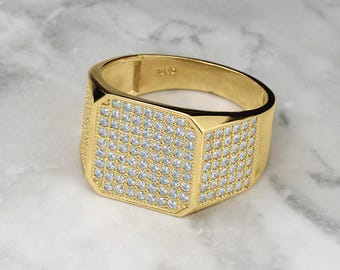 10k & 14k Solid Gold Vintage Square Round CZ Iced Signet Ring Gift for Boy Men / Classic Jewelry Design Unique Style for Him Perfect Present