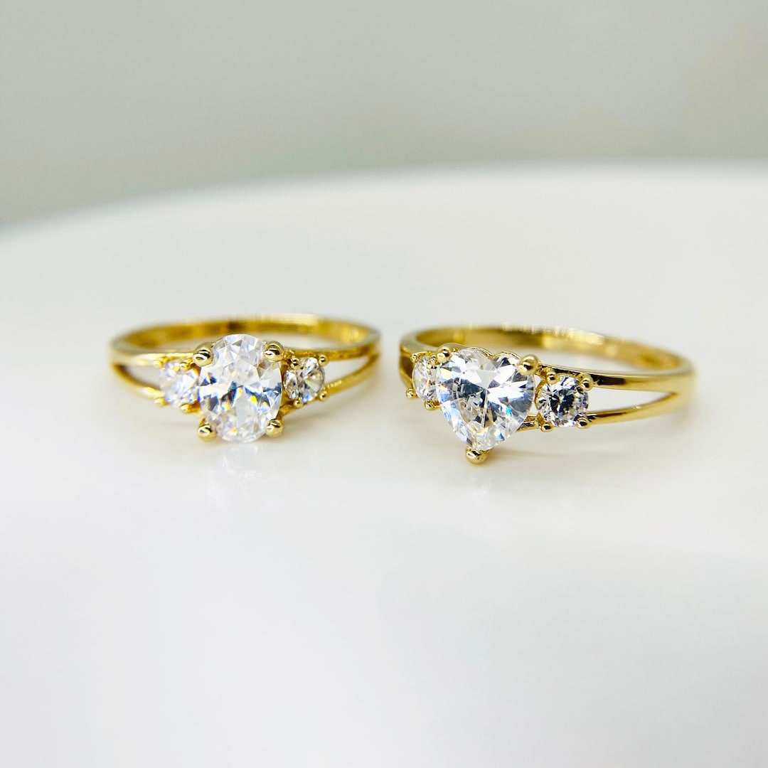 10k & 14k Solid Gold Heart and Round CZ Engagement Promise Ring ...
